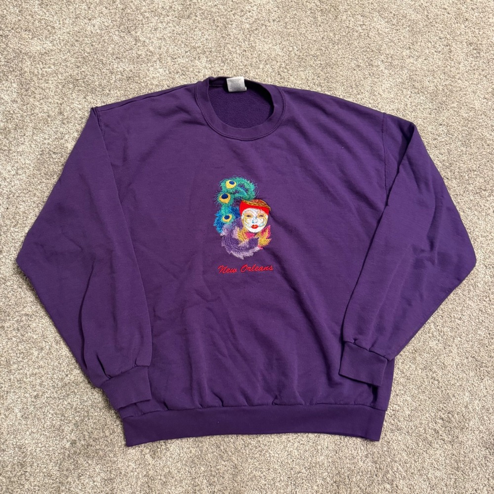 Vintage Jerzees New Orleans Mardi Gras Purple Embroidered Sweatshirt Large